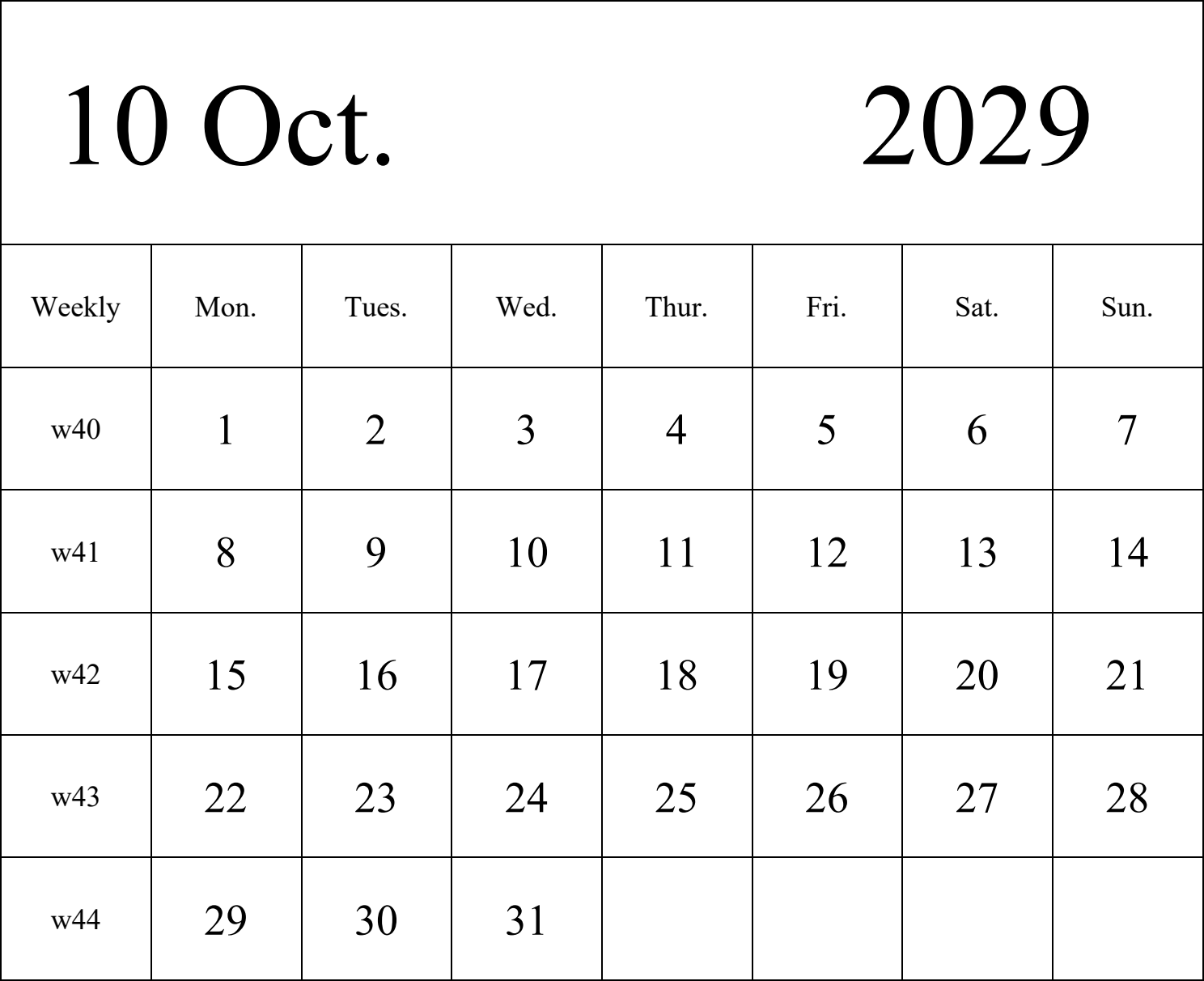 日历表2029年日历 英文版 纵向排版 周一开始 带周数